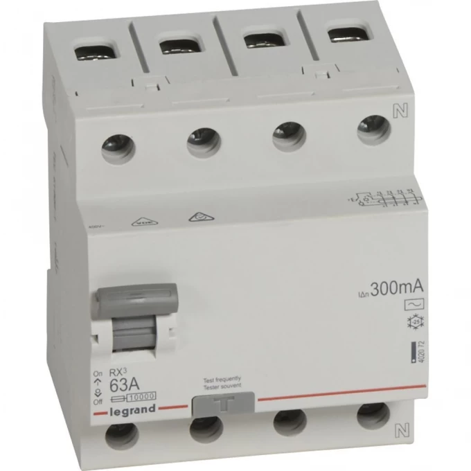 Выключатель дифференциального тока LEGRAND RX3 300мА 63А 4П тип AC белый 402072 Выключатель дифференциального тока LEGRAND RX3 300мА 63А 4П тип AC белый 402072