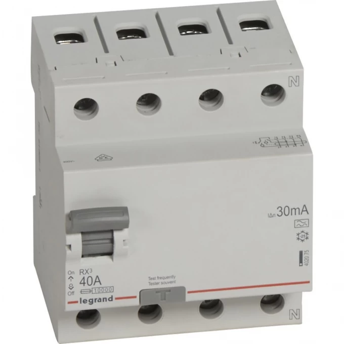 Выключатель дифференциального тока LEGRAND RX3 30мА 40А 4П тип A белый 402075 Выключатель дифференциального тока LEGRAND RX3 30мА 40А 4П тип A белый 402075